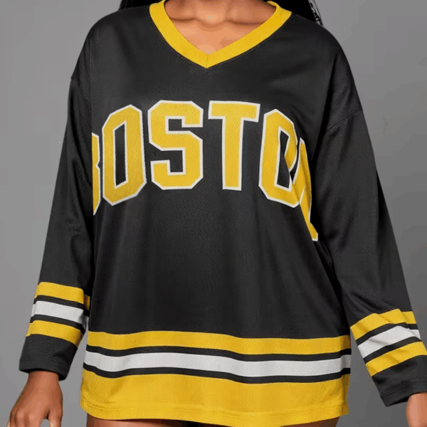 Women's Casual V-Neck Long Sleeve T-Shirt with "BOSTC" Letter Print