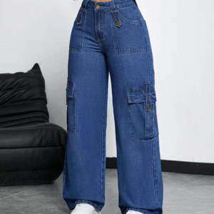 Women's High-Waisted Wide-Leg Jeans with Multiple Pockets
